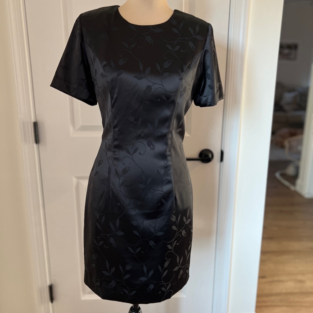 Vintage 90s Satin Mini‎ Dress Medium Shoulder Pads Slimming Floral High Neck 80s